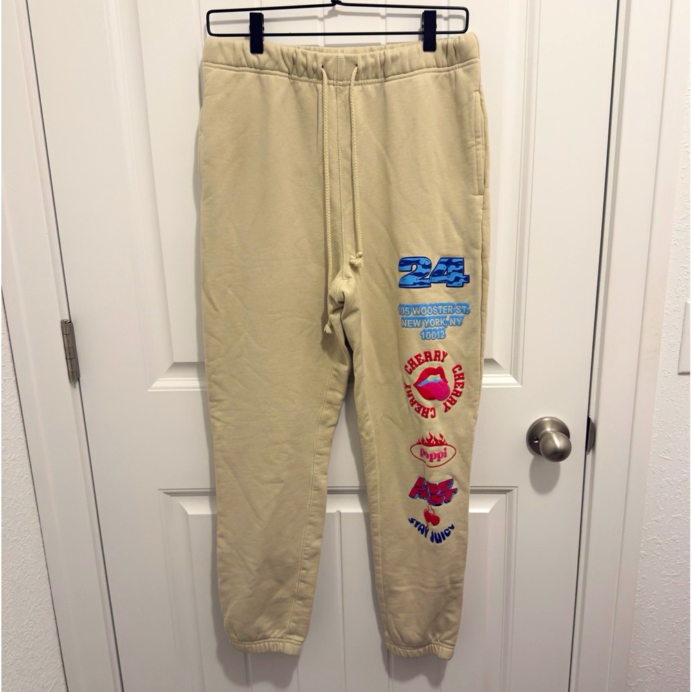 Poppi Women's Beige Cotton Jogger Pants Graphic Logo Drawstring Pockets S